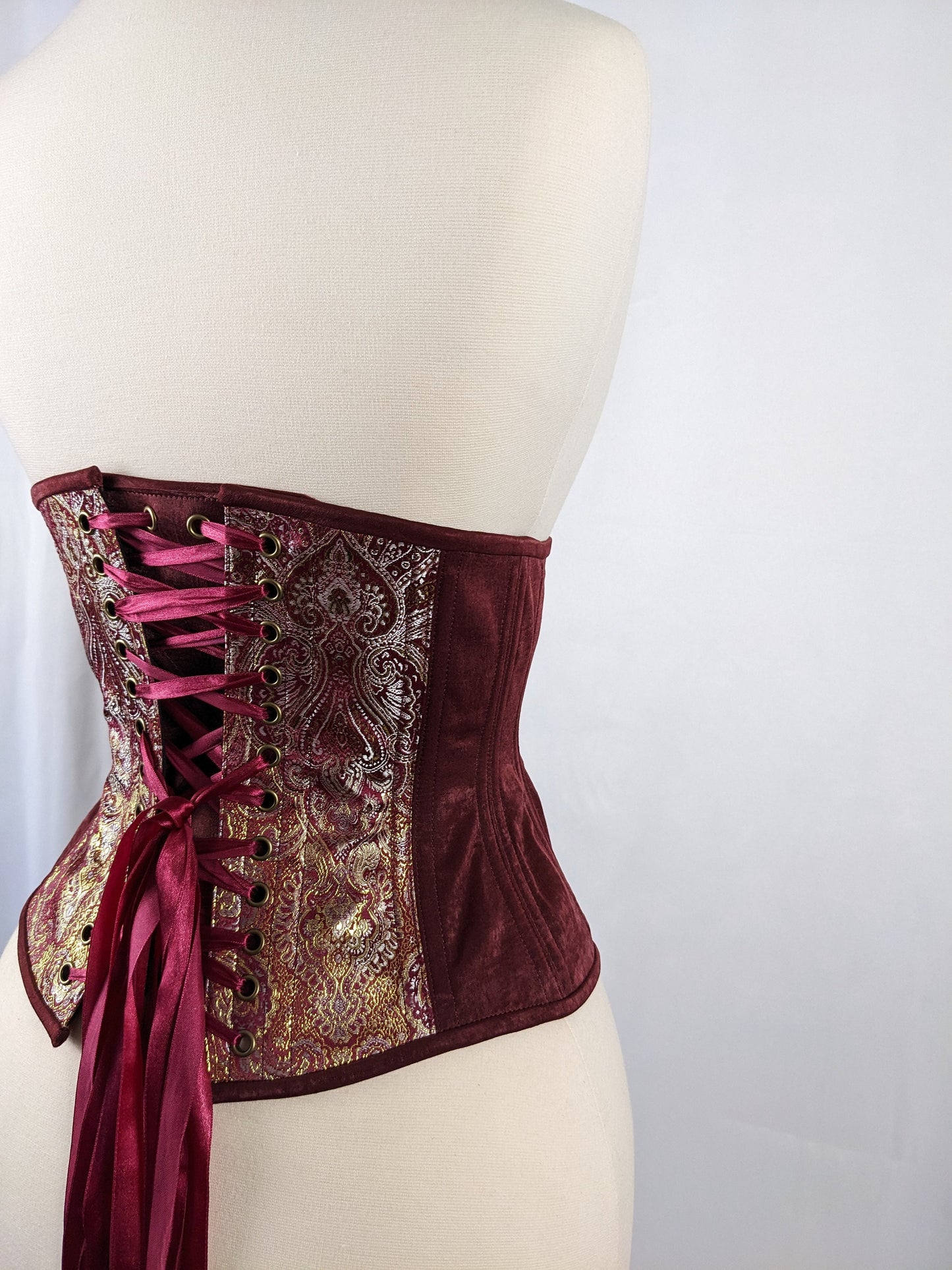 Burgundy Silver and Gold Brocade and Satin Steel Boned Low Curve Mid Hip Underbust Corset