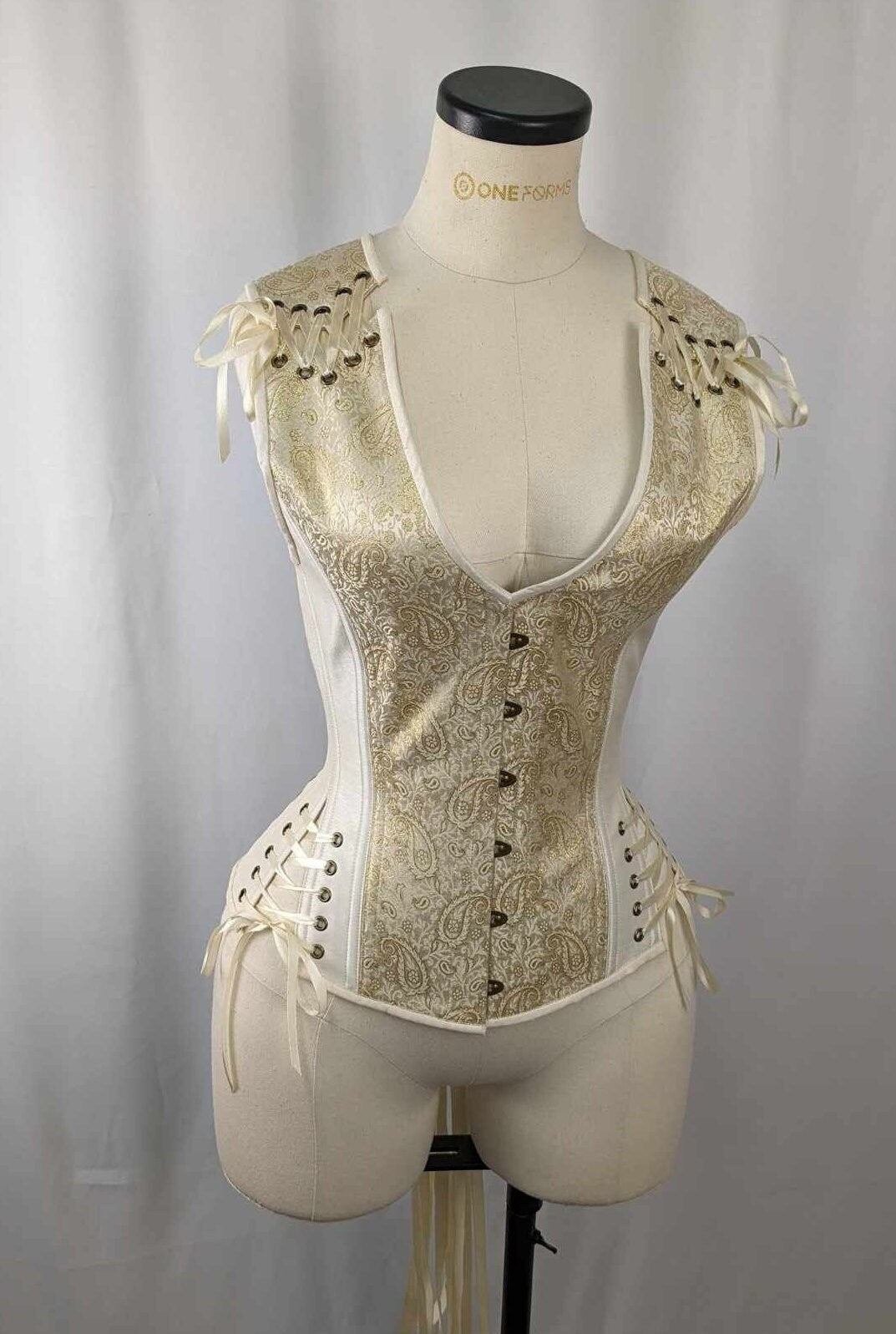 Ivory and Gold Brocade Androgynous Low Curve Corset Vest