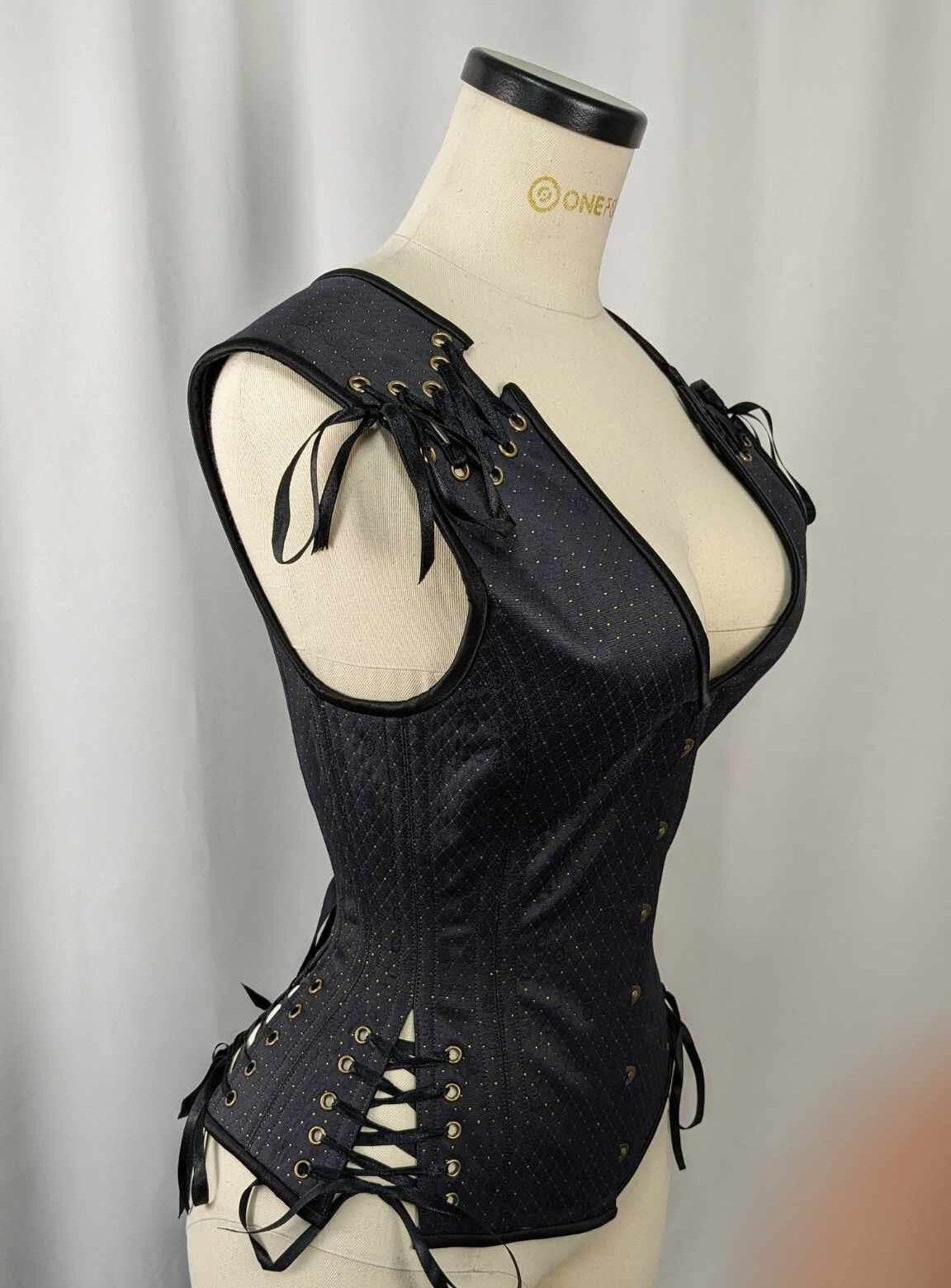 Navy, Black, and Gold Androgynous Low Curve Corset Vest
