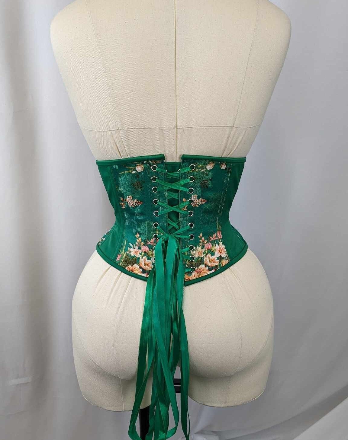 Green Floral Silk Steel Boned Waspie Underbust Corset