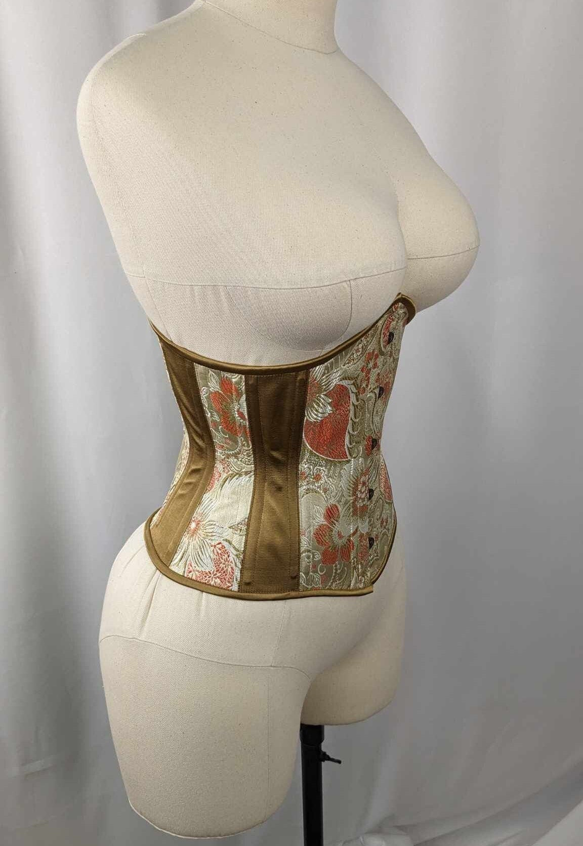 Ivory Gold and Coral Brocade and Satin Steel Boned Low Curve Mid Hip Underbust Corset