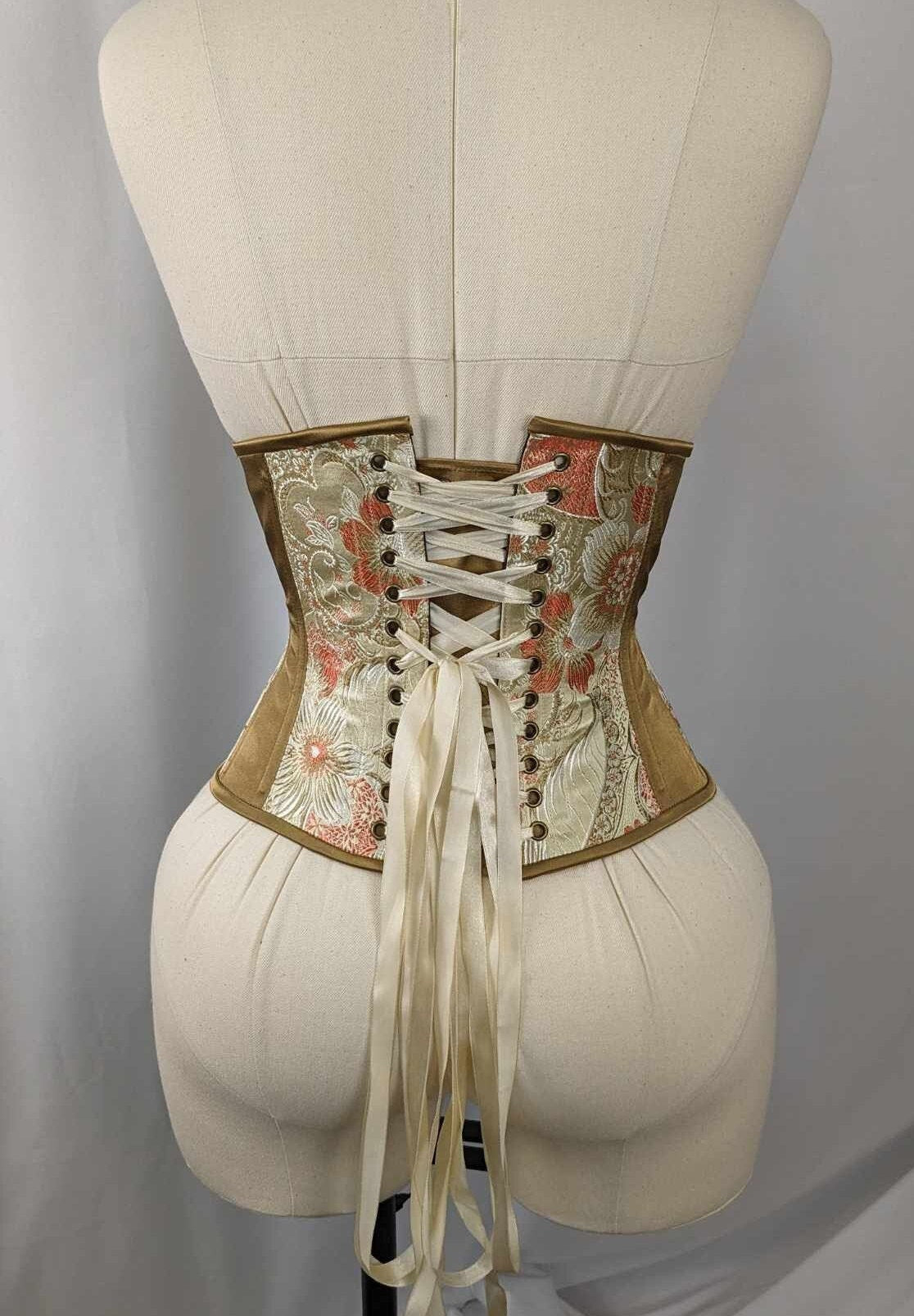 Ivory Gold and Coral Brocade and Satin Steel Boned Low Curve Mid Hip Underbust Corset