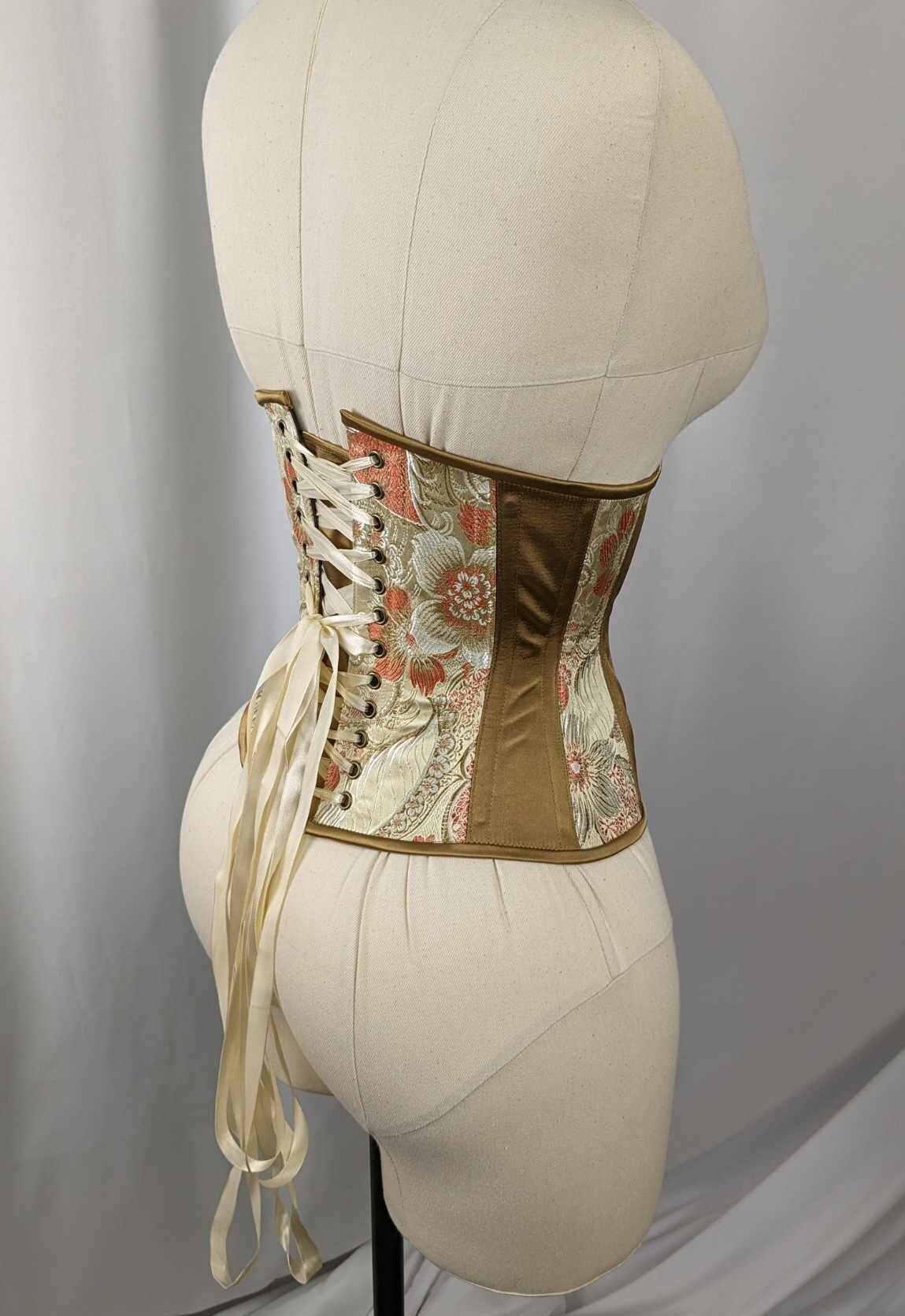 Ivory Gold and Coral Brocade and Satin Steel Boned Low Curve Mid Hip Underbust Corset