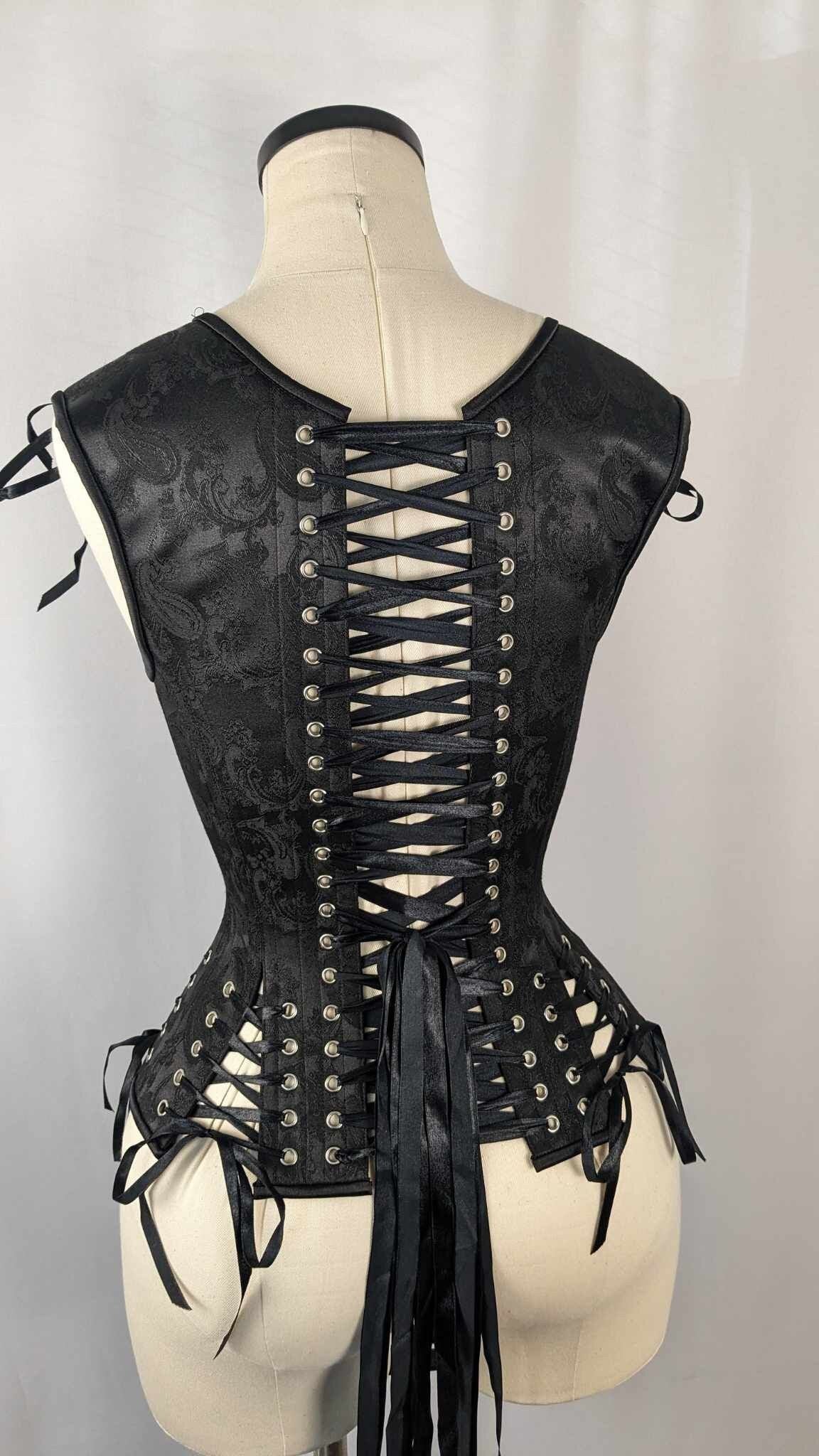 Black Brocade Androgynous Low Curve Corset Vest