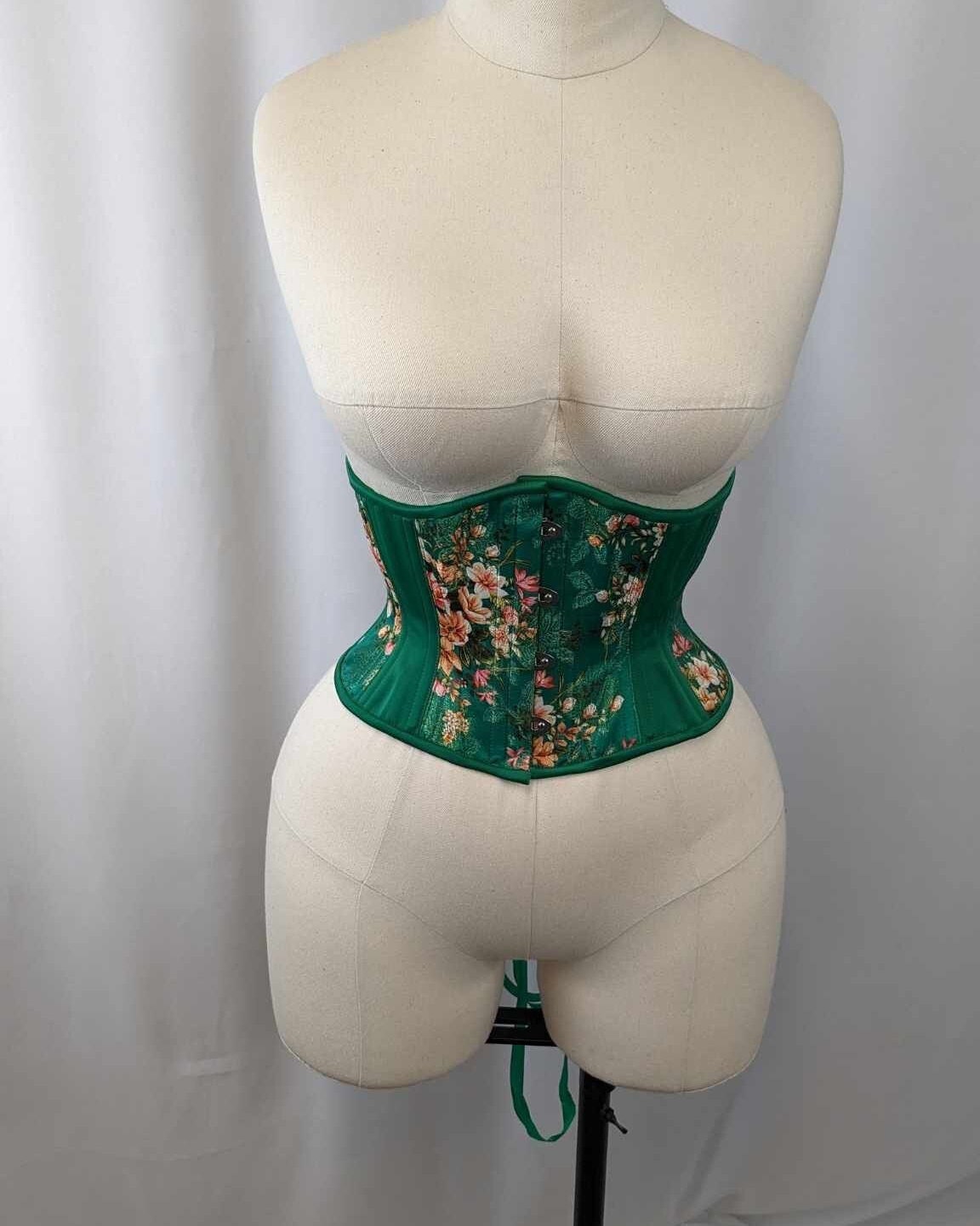 Green Floral Silk Steel Boned Waspie Underbust Corset
