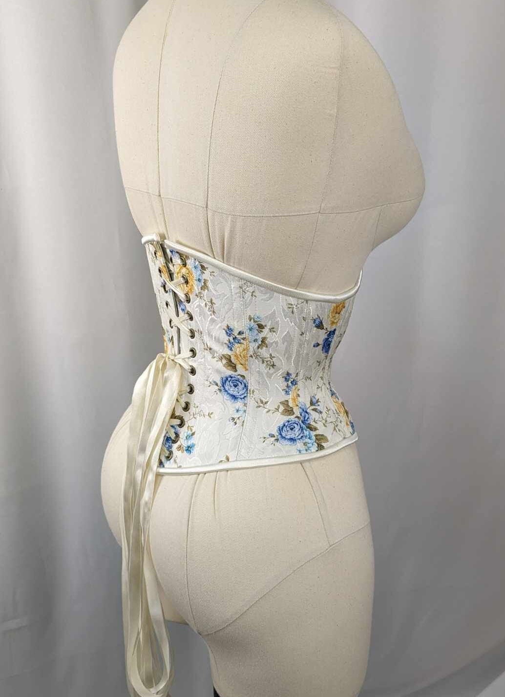 Blue Yellow and Ivory Floral Jacquard Steel Boned High Hip Underbust Corset