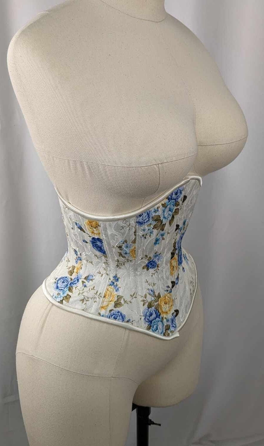 Blue Yellow and Ivory Floral Jacquard Steel Boned High Hip Underbust Corset