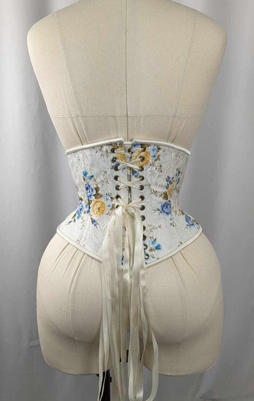 Blue Yellow and Ivory Floral Jacquard Steel Boned High Hip Underbust Corset