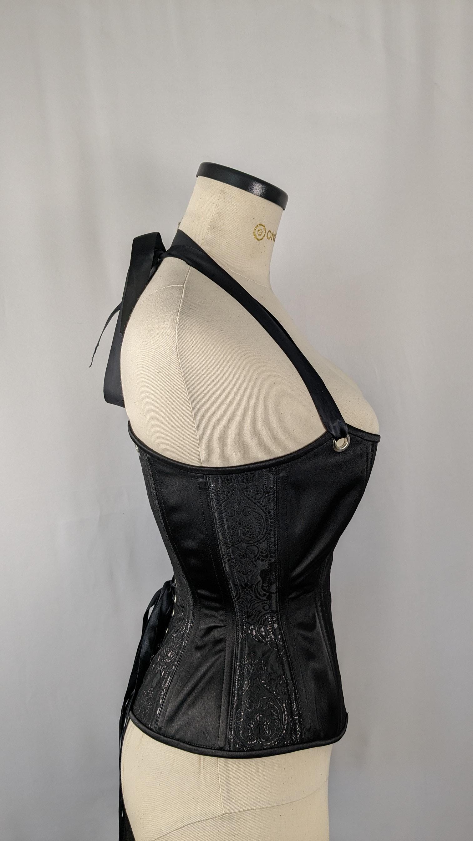 Black Metallic Jacquard Scoop Neck Steel Boned Overbust Corset