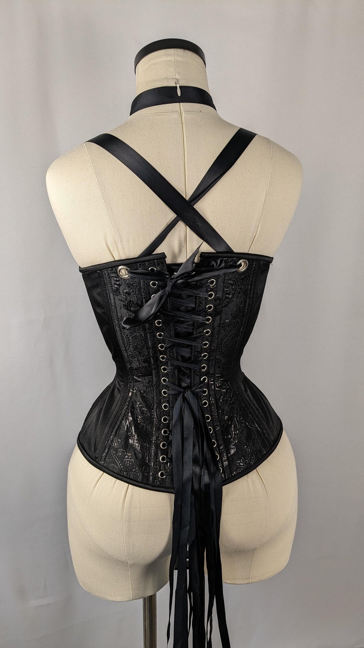 Black Metallic Jacquard Scoop Neck Steel Boned Overbust Corset