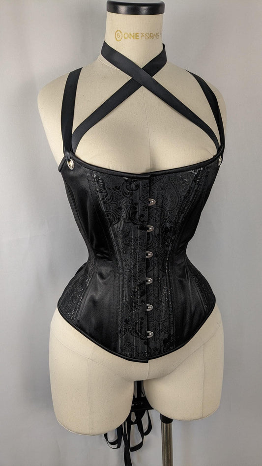Black Metallic Jacquard Scoop Neck Steel Boned Overbust Corset