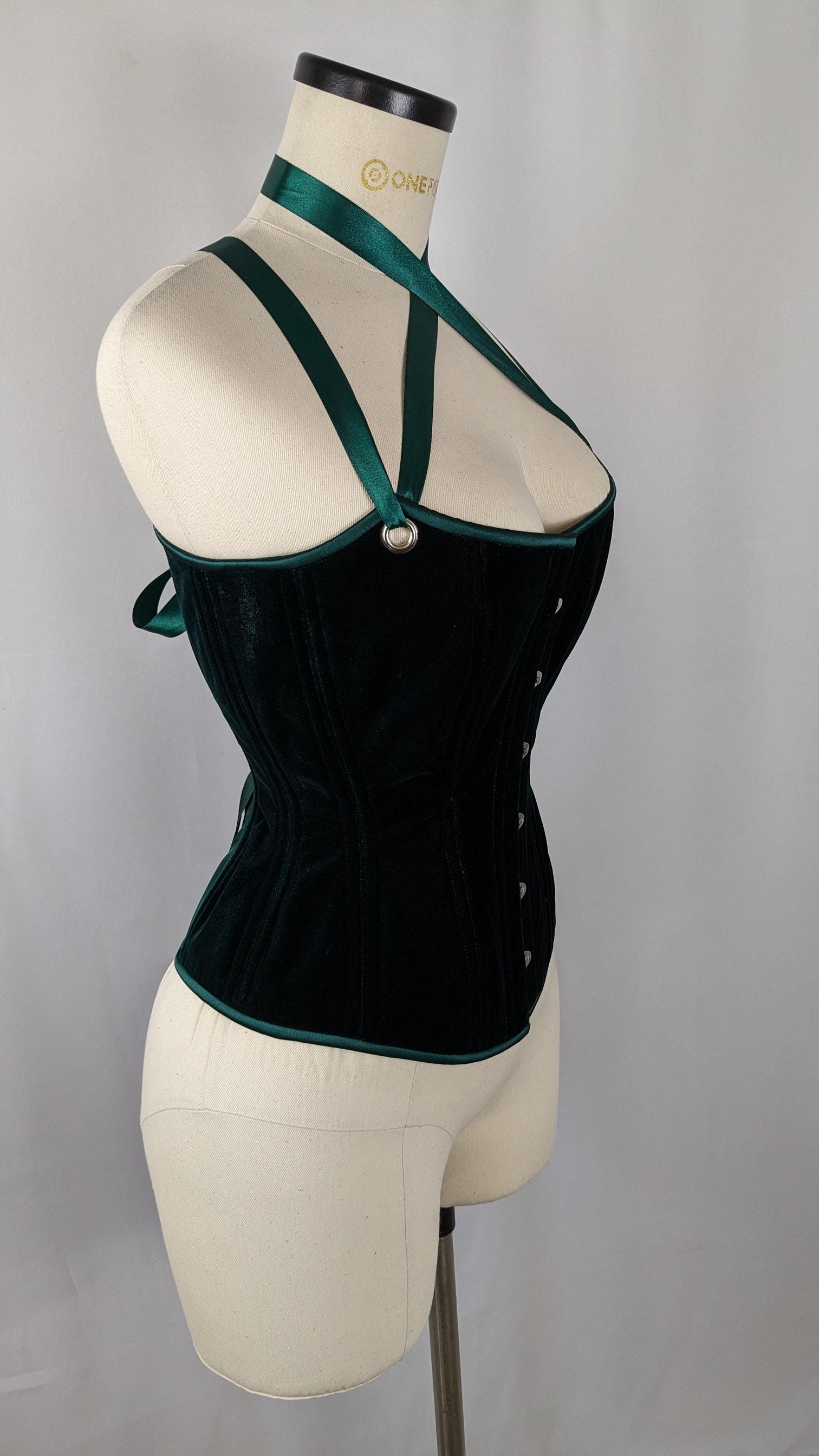 Green Velvet Scoop Neck Steel Boned Overbust Corset