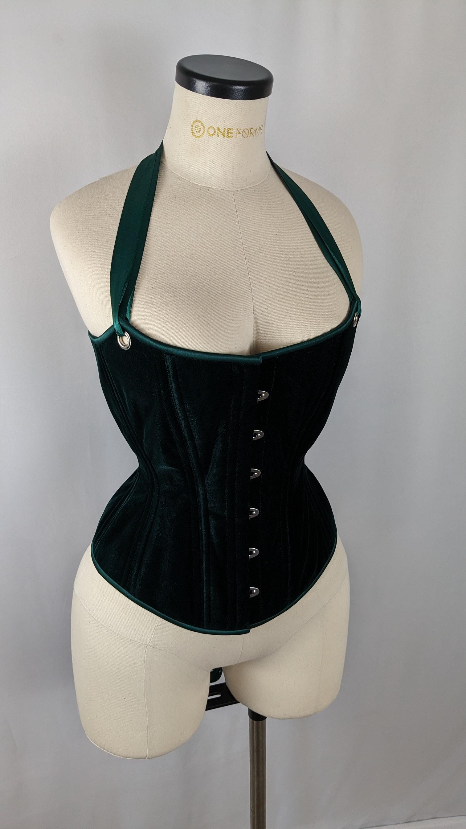 Green Velvet Scoop Neck Steel Boned Overbust Corset