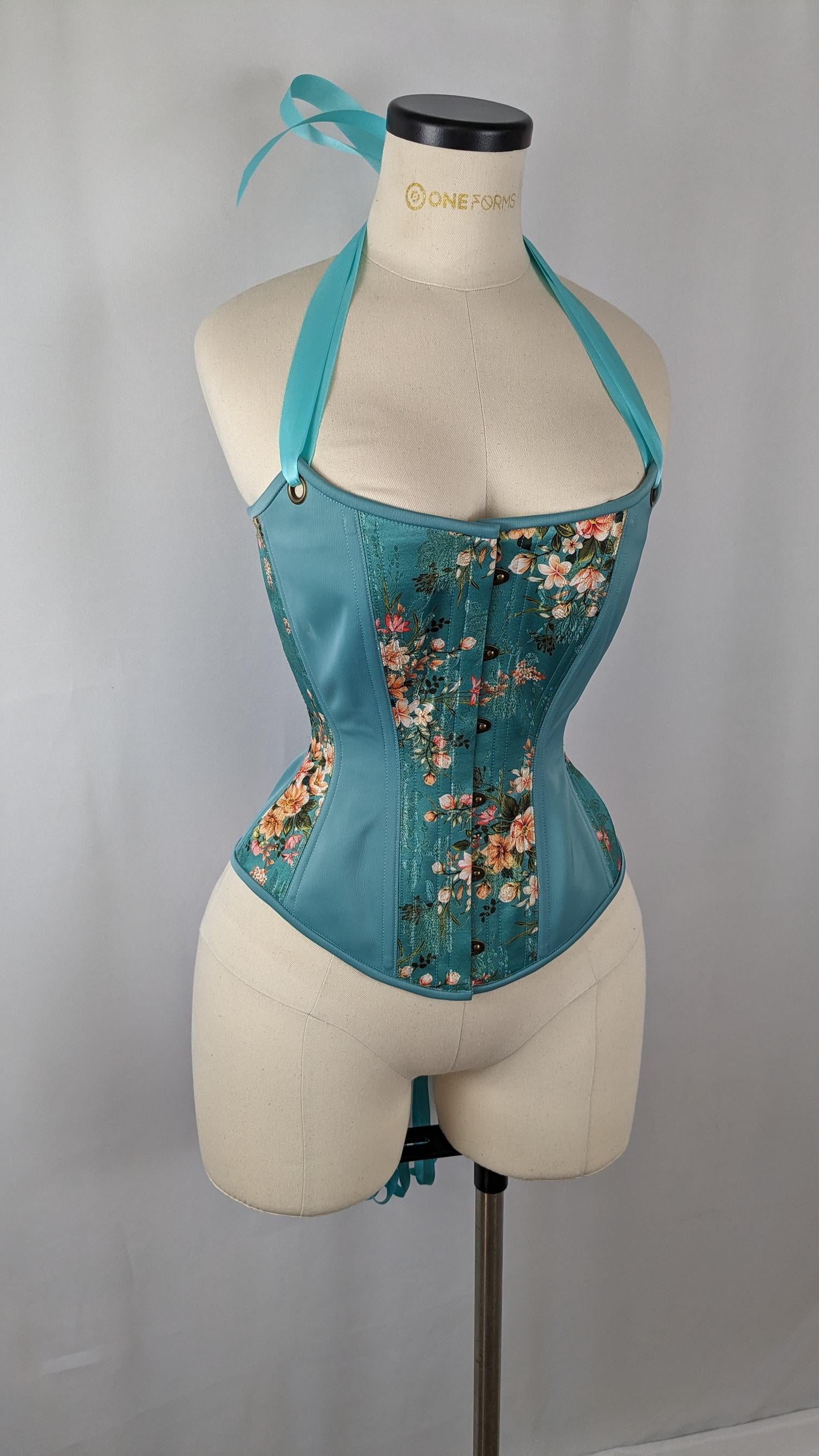 Robin Egg Blue Silk Jacquard Scoop Neck Steel Boned Overbust Corset