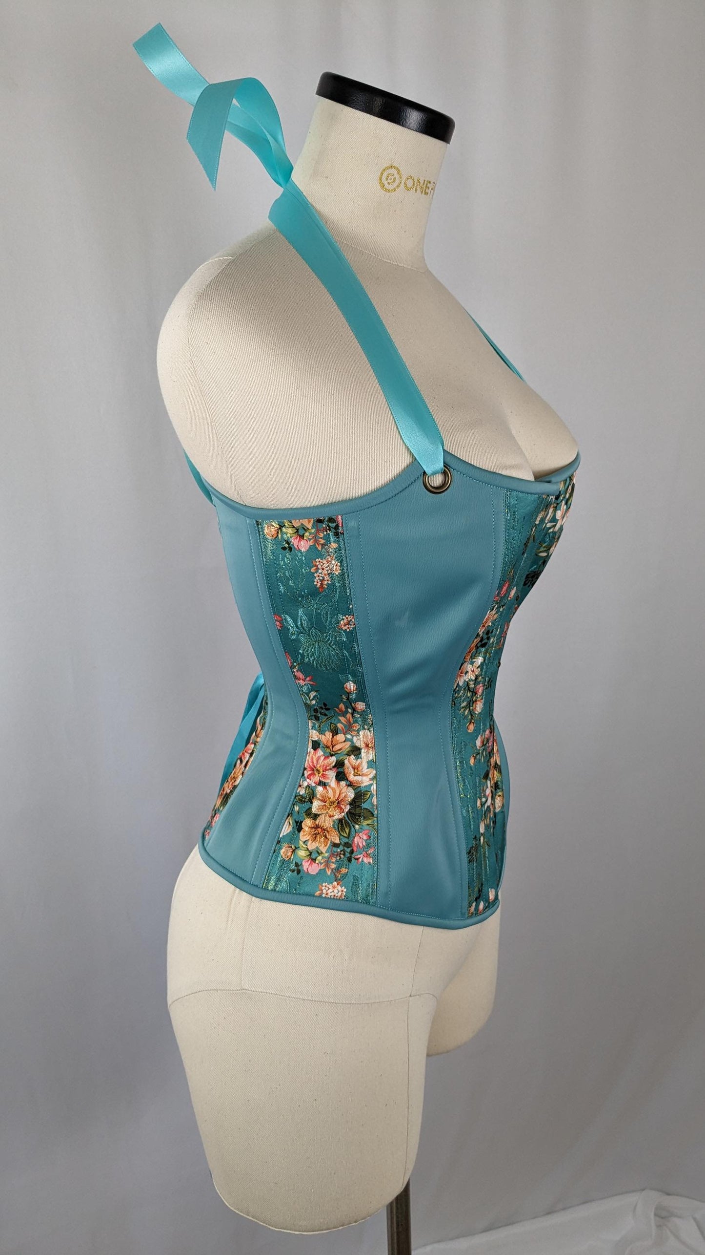 Robin Egg Blue Silk Jacquard Scoop Neck Steel Boned Overbust Corset