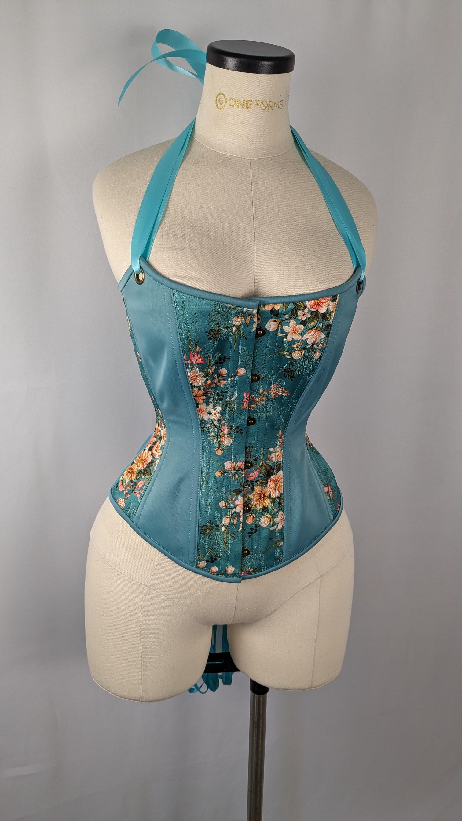 Robin Egg Blue Silk Jacquard Scoop Neck Steel Boned Overbust Corset