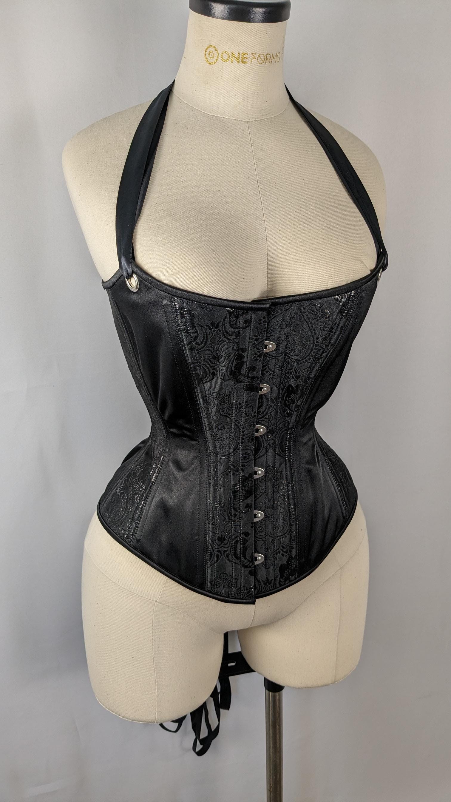 Black Metallic Jacquard Scoop Neck Steel Boned Overbust Corset