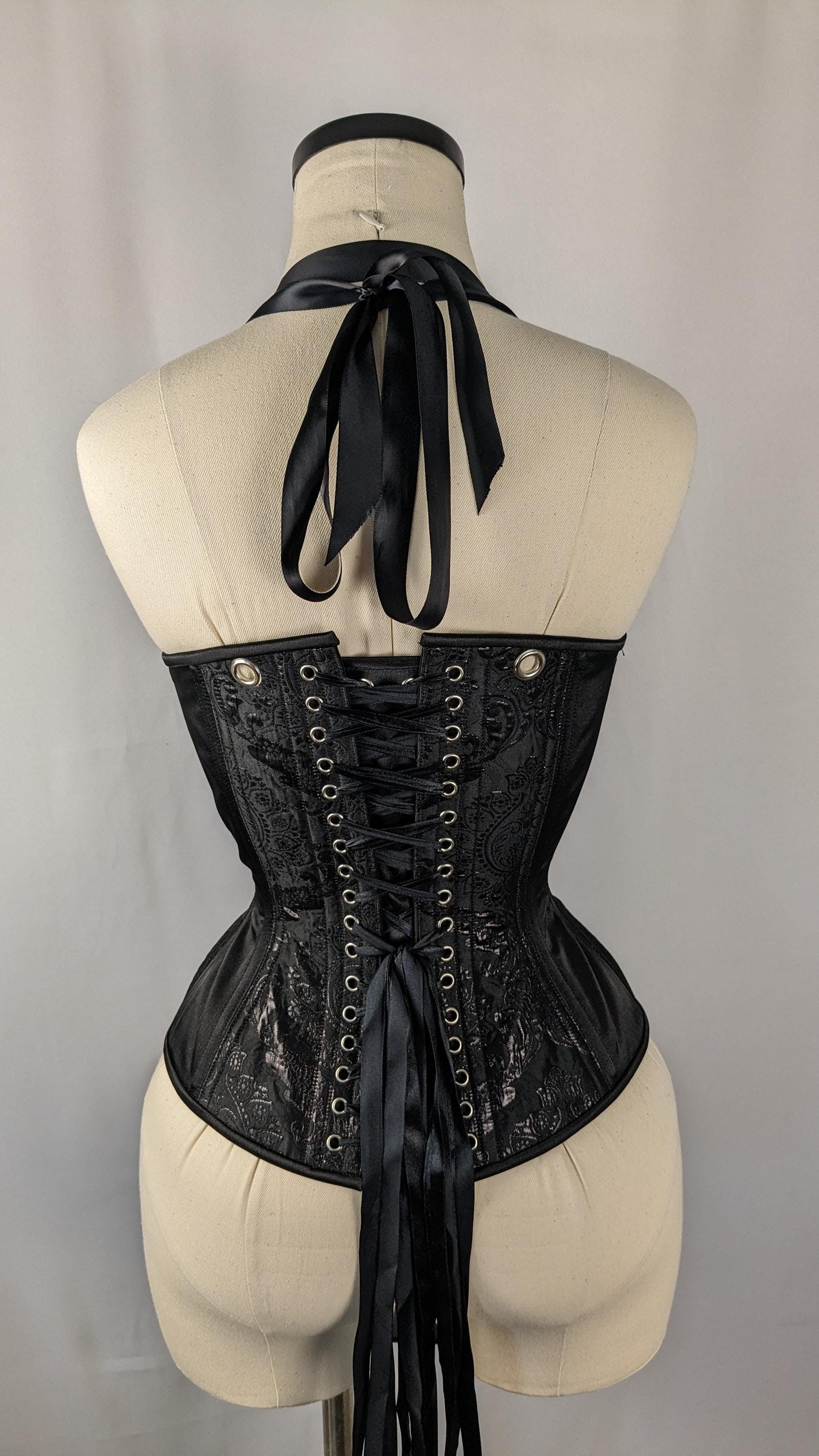 Black Metallic Jacquard Scoop Neck Steel Boned Overbust Corset