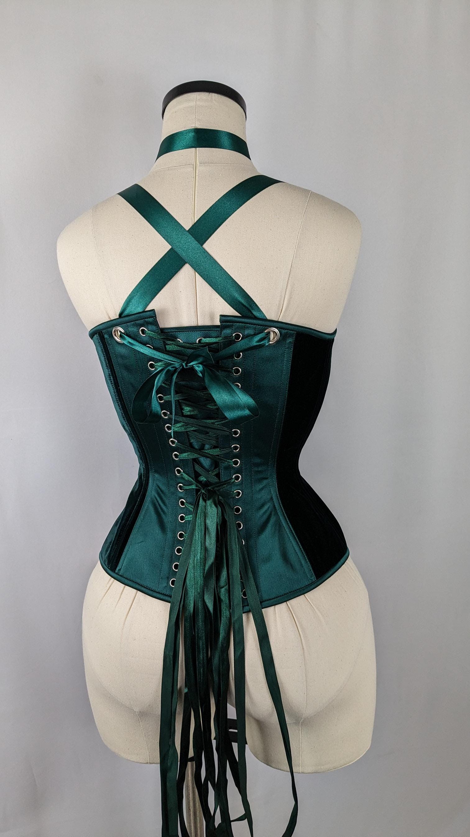 Green Velvet Scoop Neck Steel Boned Overbust Corset