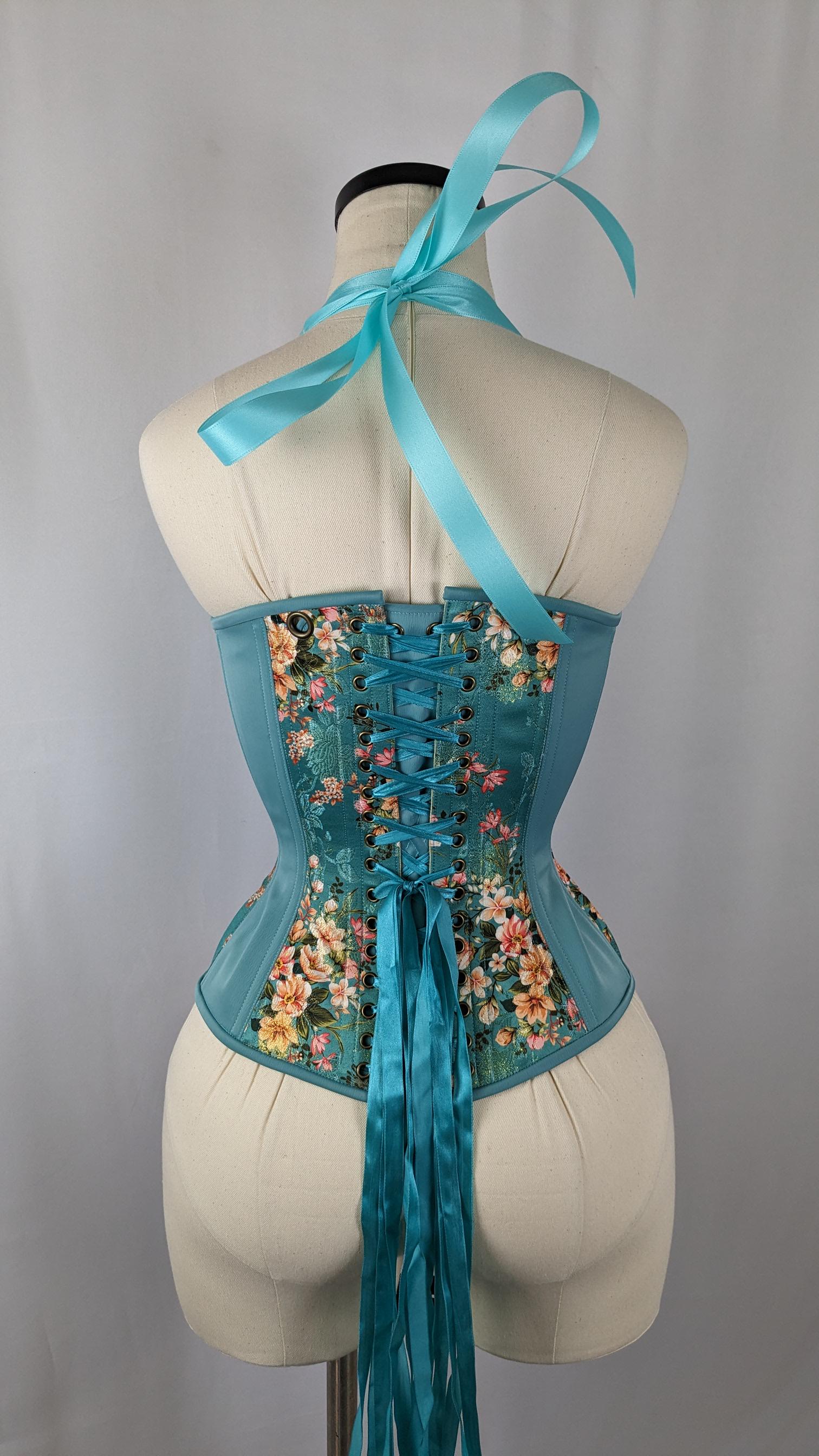 Robin Egg Blue Silk Jacquard Scoop Neck Steel Boned Overbust Corset