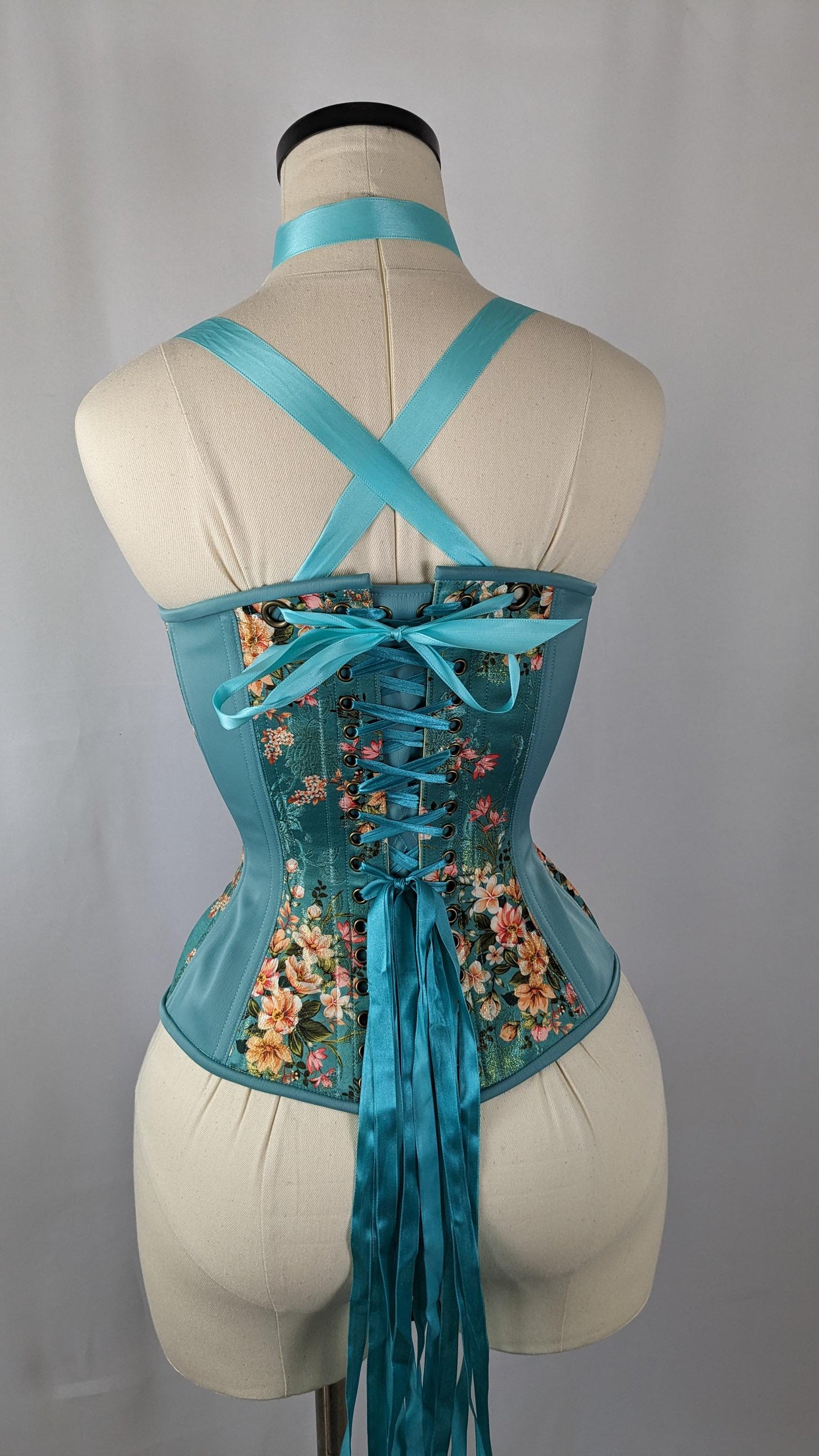 Robin Egg Blue Silk Jacquard Scoop Neck Steel Boned Overbust Corset