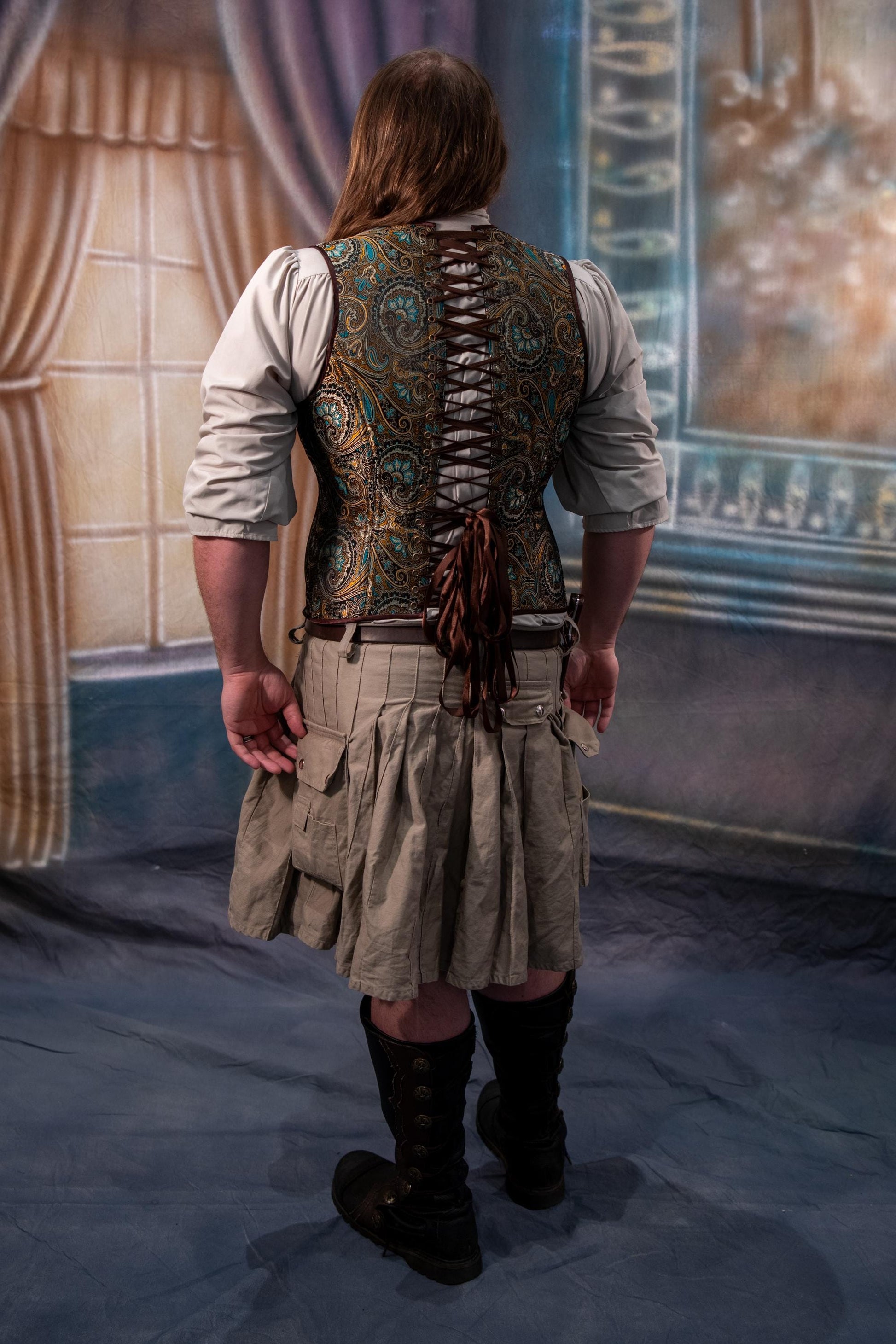 Copper & Sage Paisley Brocade Masculine Men's Corset Vest – Corsets & Cogs