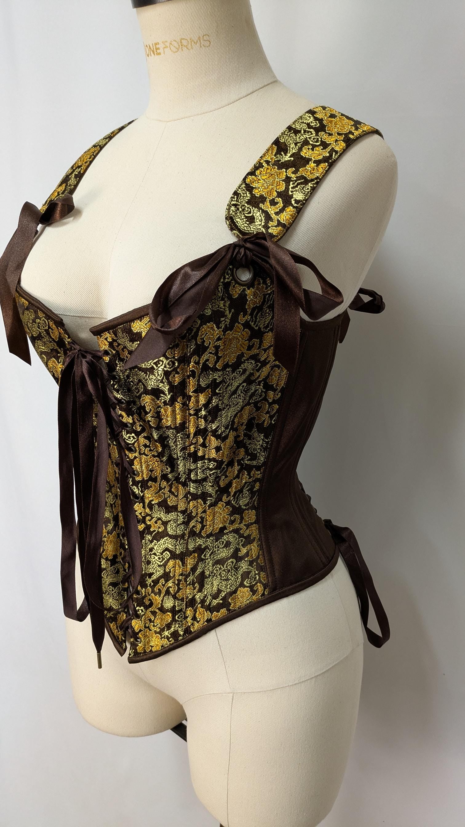 Brown Gold Dragon Brocade Front Lacing Bodice Corset