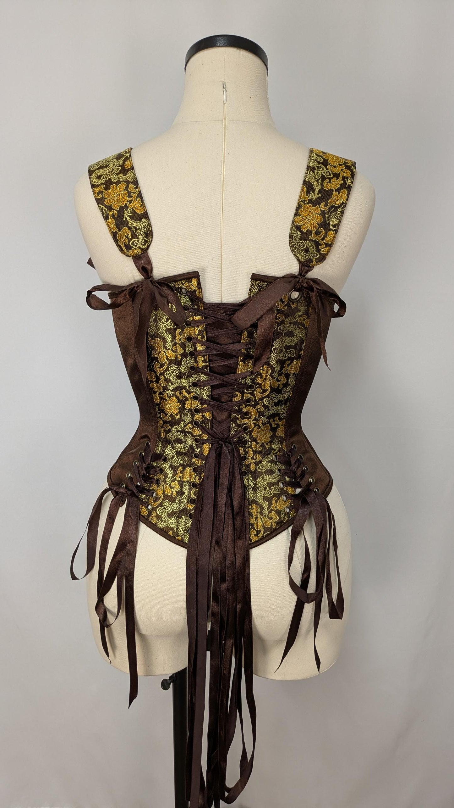 Brown Gold Dragon Brocade Front Lacing Bodice Corset