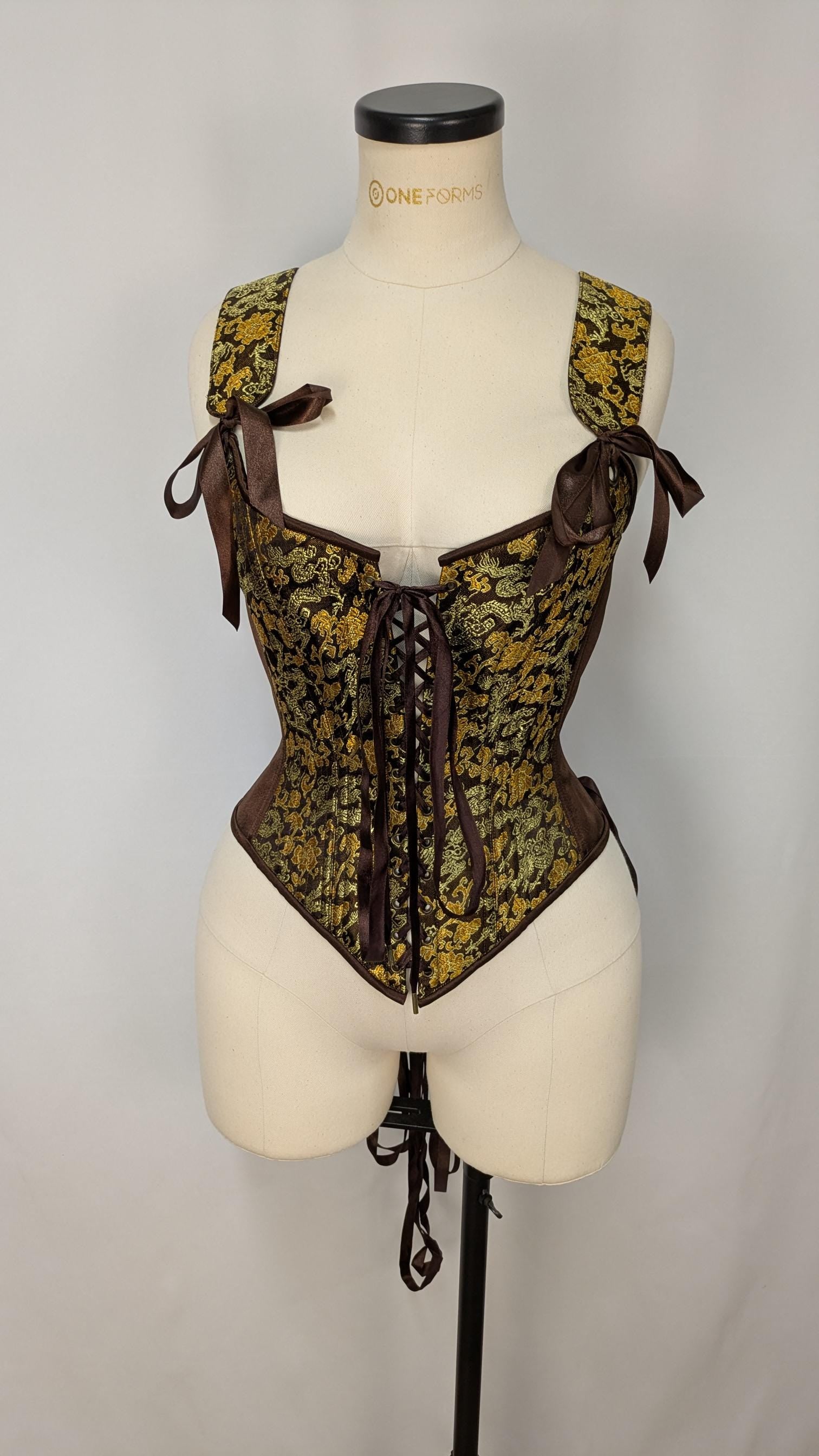 Brown Gold Dragon Brocade Front Lacing Bodice Corset
