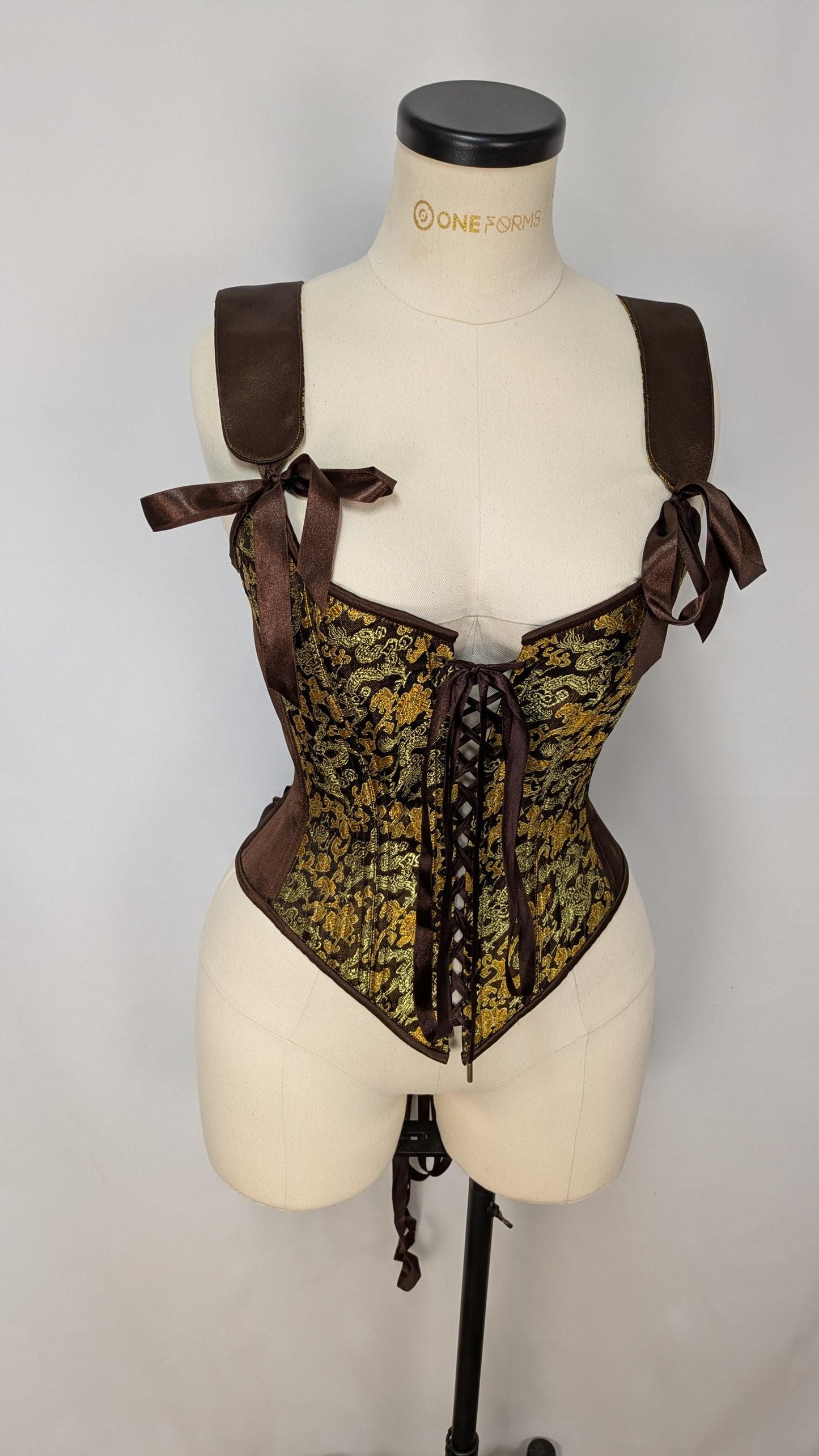 Brown Gold Dragon Brocade Front Lacing Bodice Corset
