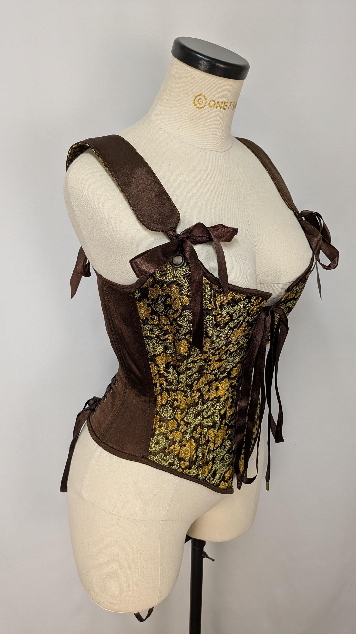 Brown Gold Dragon Brocade Front Lacing Bodice Corset