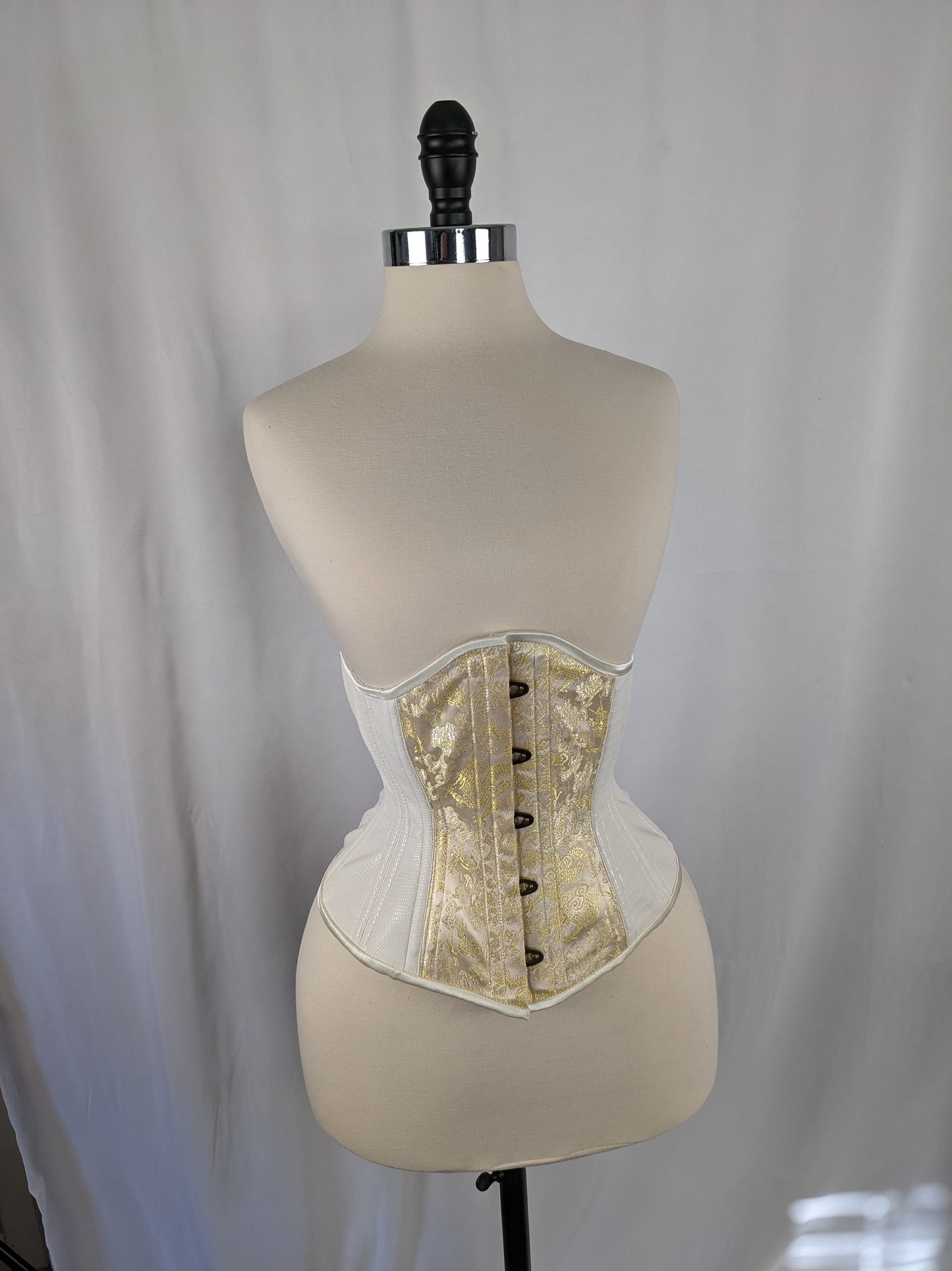 Ivory and Gold Dragon Vinyl and Brocade Steel Boned Mid Hip Underbust Corset