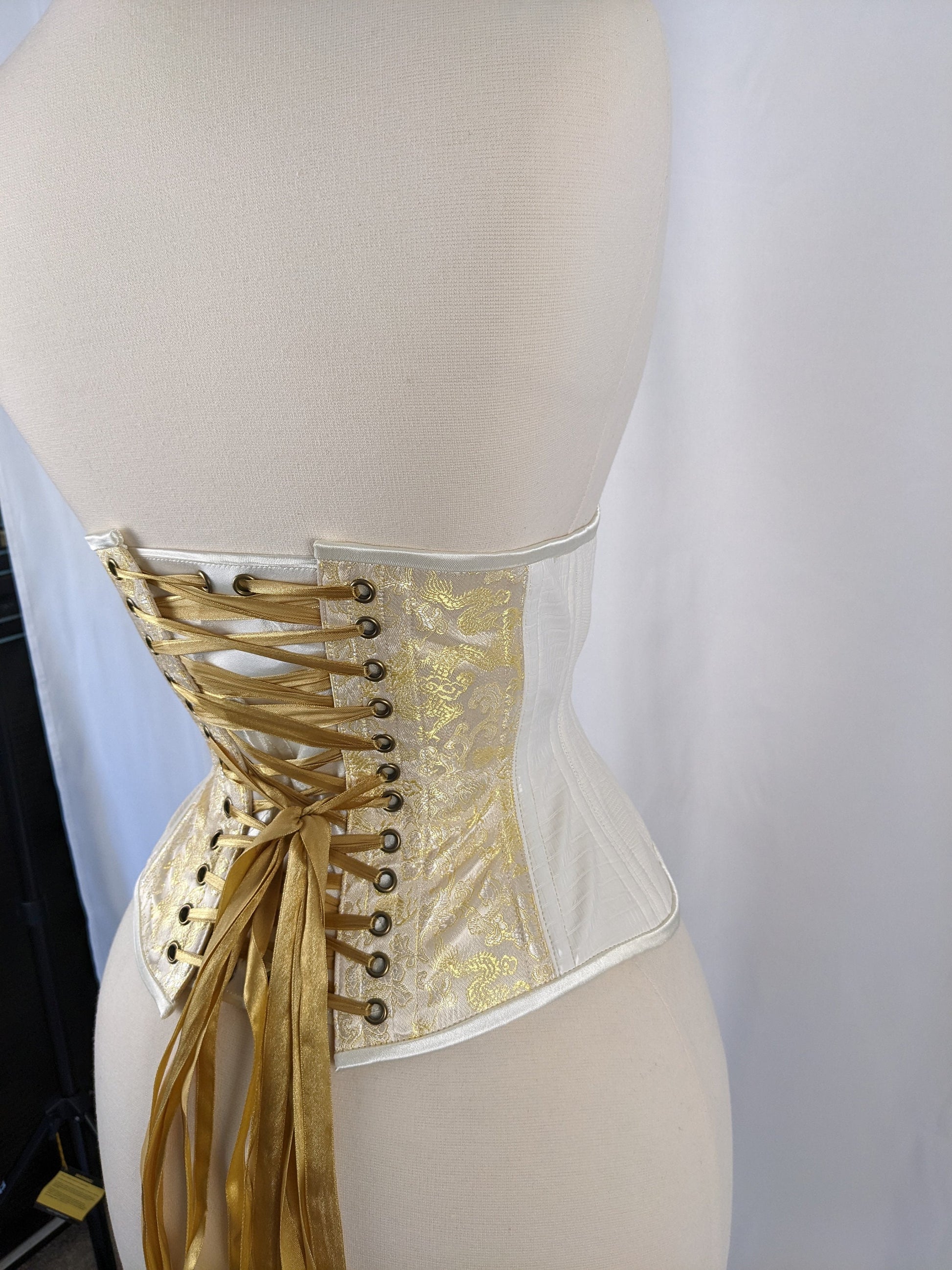 Ivory and Gold Dragon Vinyl and Brocade Steel Boned Mid Hip Underbust Corset