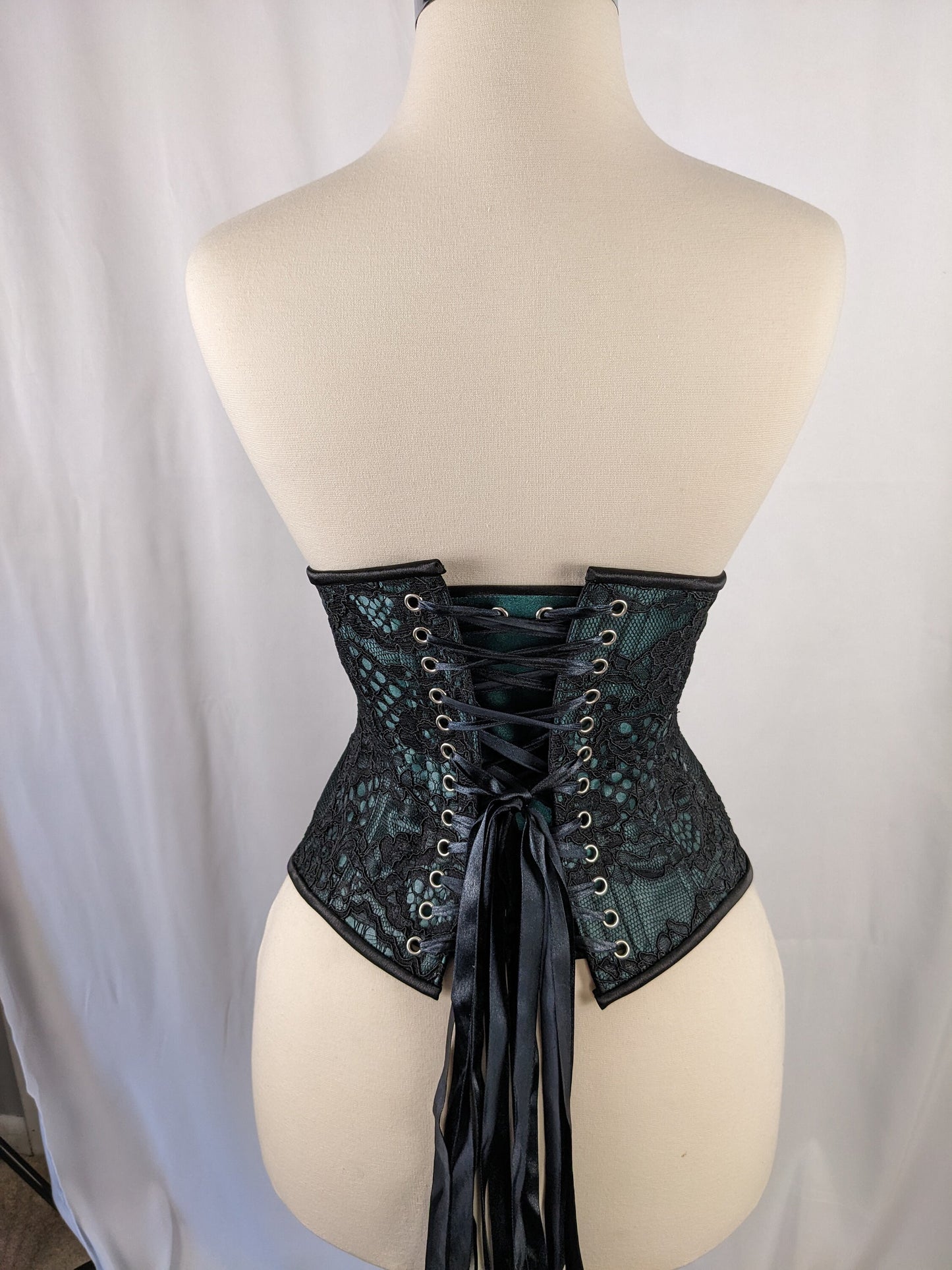 Black Lace and Green Satin Steel Boned Low Curve Mid Hip Underbust Corset