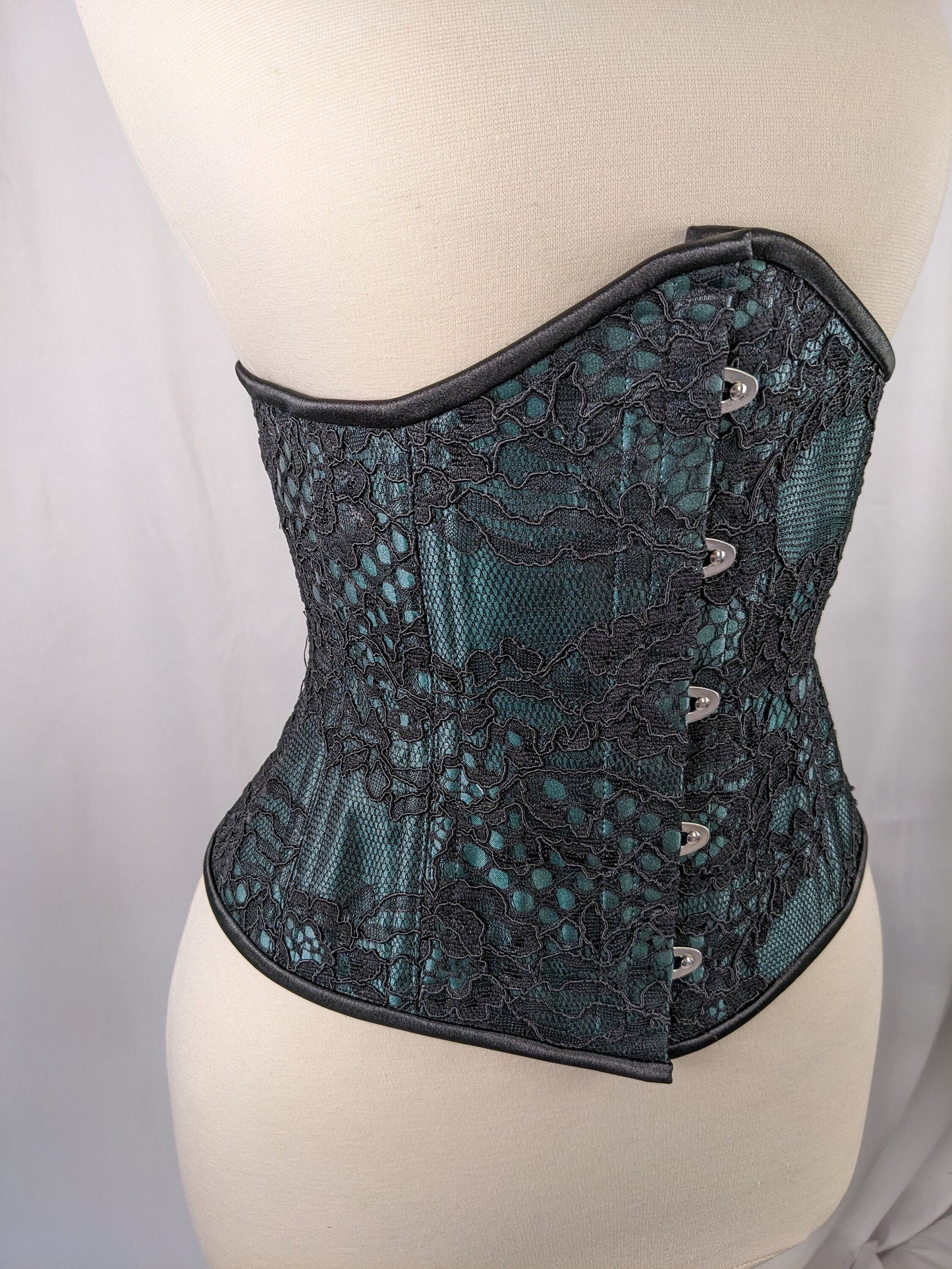 Black Lace and Green Satin Steel Boned Low Curve Mid Hip Underbust Corset