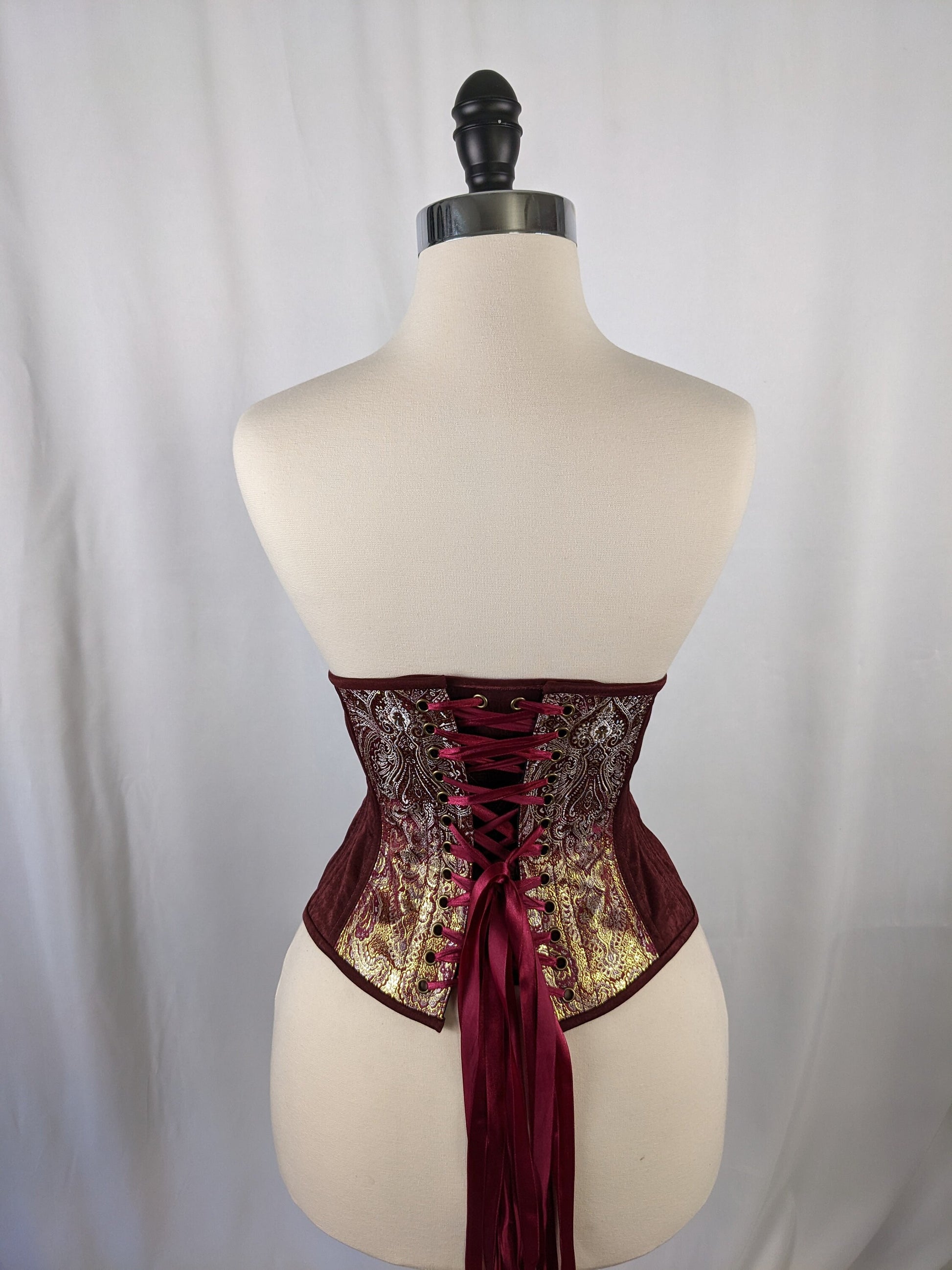 Burgundy Silver and Gold Brocade and Satin Steel Boned Low Curve Mid Hip Underbust Corset