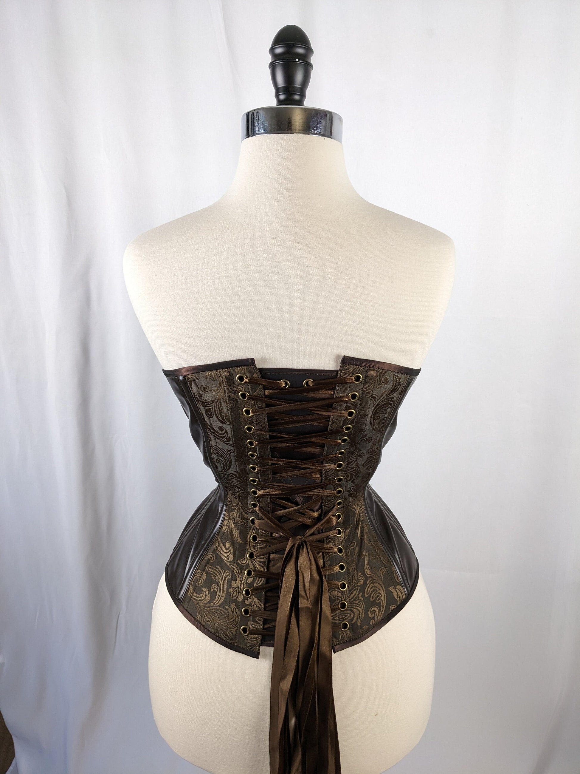 Brown Jacquard and Vinyl Steampunk Steel Boned Standard Bust Overbust Corset