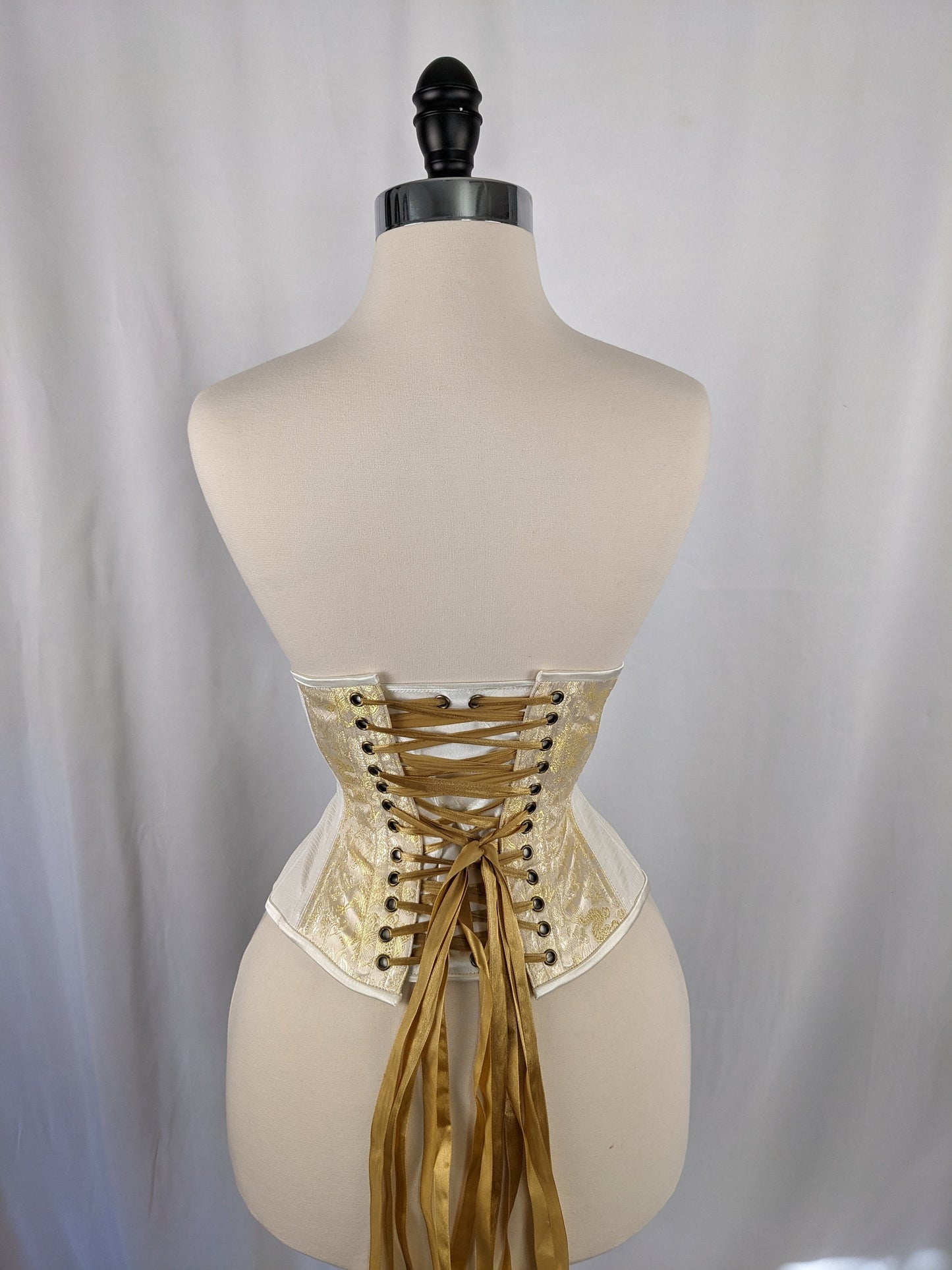 Ivory and Gold Dragon Vinyl and Brocade Steel Boned Mid Hip Underbust Corset