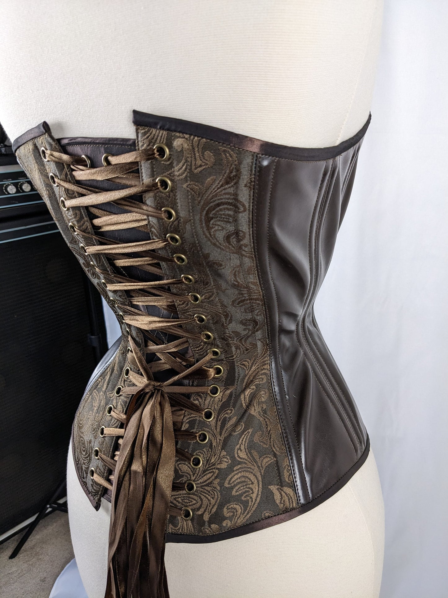 Brown Jacquard and Vinyl Steampunk Steel Boned Standard Bust Overbust Corset