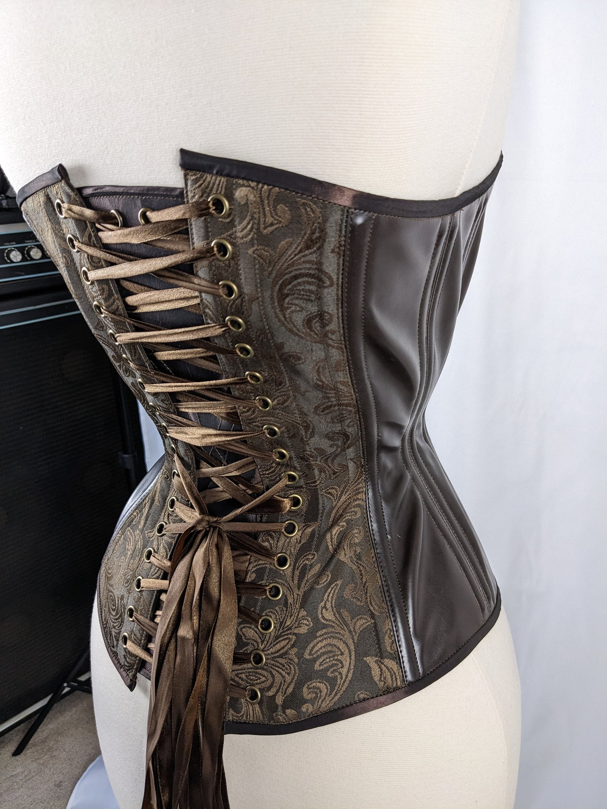 Brown Jacquard and Vinyl Steampunk Steel Boned Standard Bust Overbust Corset
